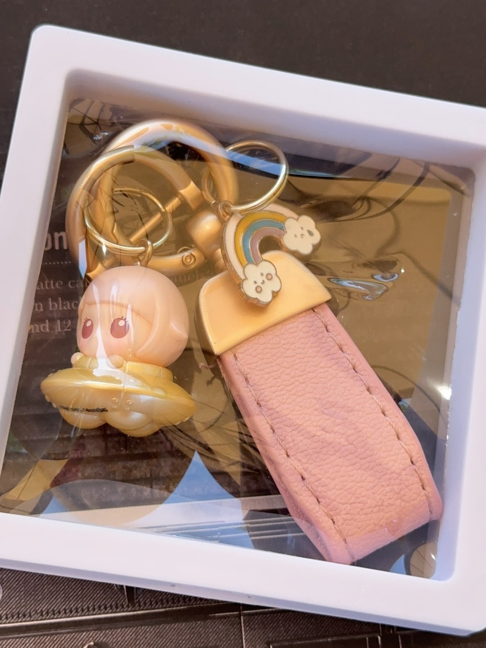 Cute Pink Leather Keychain with Rainbow Charm